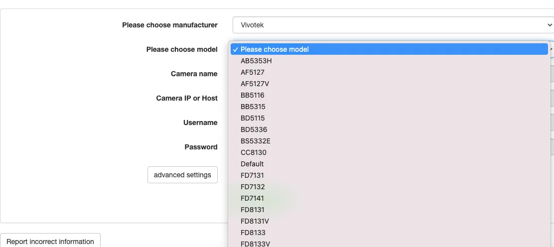 Adding network (IP) cameras by make / mode — capture d'écran
