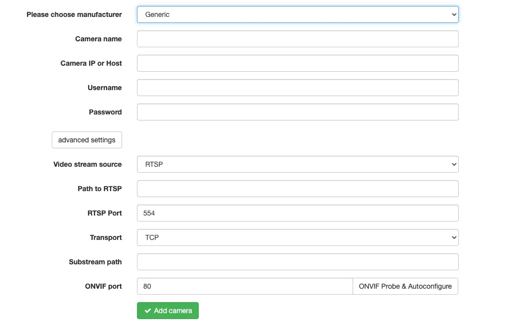 Adding network (IP) cameras as generic (RTSP / MJPEG) — capture d'écran